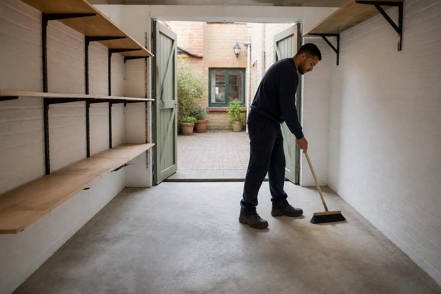 Worker completing a final sweep in a cleared London garage