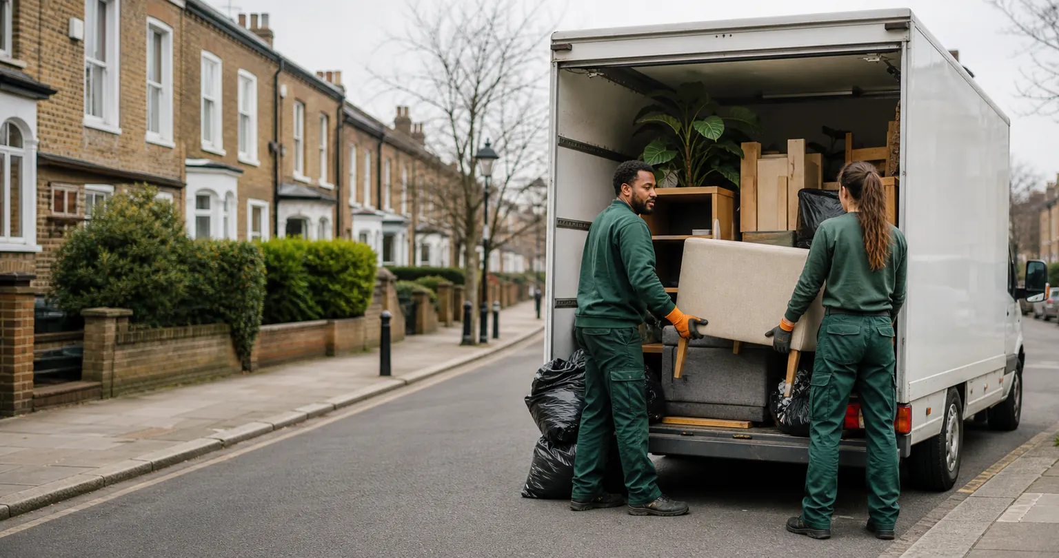 Professional rubbish removal team loading furniture into a van on a London street