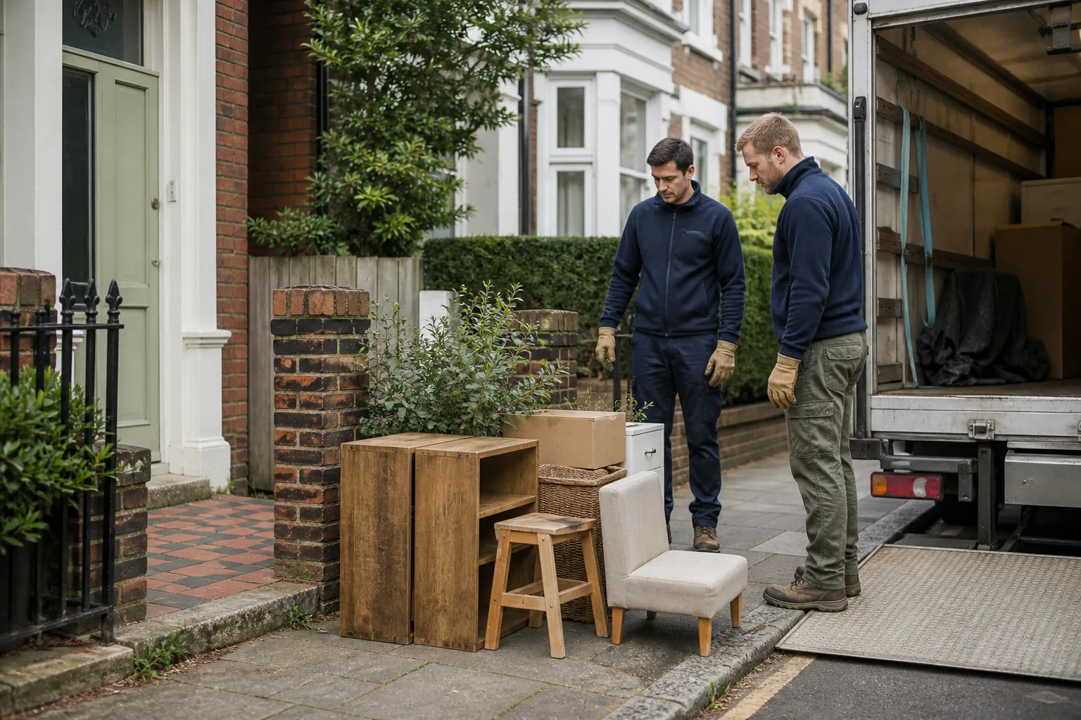 Waste removal team assessing household items before collection in London